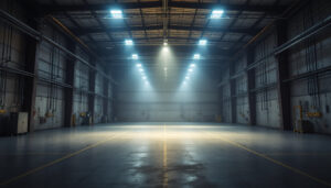 A photograph of a well-lit industrial space showcasing high bay lights in action