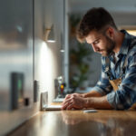 A photograph of a skilled lighting contractor working with leviton products in a well-lit residential or commercial space