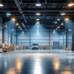 A photograph of a well-lit warehouse interior showcasing various lighting fixtures in use