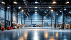 A photograph of a well-lit warehouse interior showcasing various lighting fixtures in use