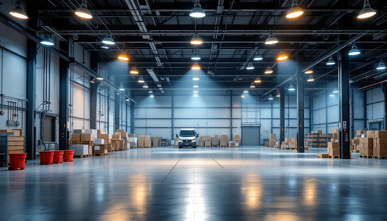 A photograph of a well-lit warehouse interior showcasing various lighting fixtures in use