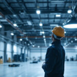 A photograph of a lighting contractor evaluating the installation of led high bay lights in a spacious commercial setting