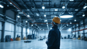 A photograph of a lighting contractor evaluating the installation of led high bay lights in a spacious commercial setting