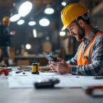 A photograph of a lighting contractor using a commercial lighting calculator on a job site