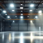 A photograph of a well-lit industrial space showcasing both high bay and low bay lighting fixtures in action