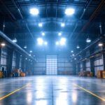 A photograph of a well-lit industrial space showcasing both high bay and low bay led lights in action