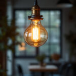 A photograph of a stylish industrial pendant light hanging in a modern interior setting
