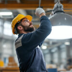 A photograph of a skilled lighting contractor expertly installing or adjusting an industrial light fixture in a large