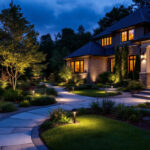A photograph of a beautifully illuminated outdoor landscape at dusk