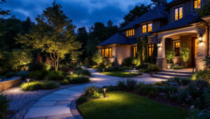 A photograph of a beautifully illuminated outdoor landscape at dusk