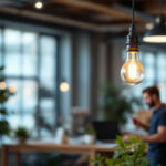 A photograph of a stylish industrial pendant lamp hanging in a well-lit workspace