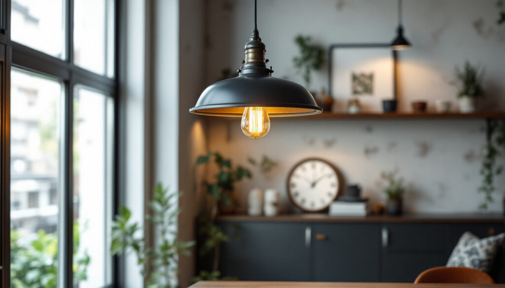 A photograph of an industrial hanging lamp in a stylishly designed space