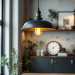 A photograph of an industrial hanging lamp in a stylishly designed space