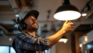A photograph of a skilled lighting contractor installing or adjusting a stylish commercial hanging light in a modern