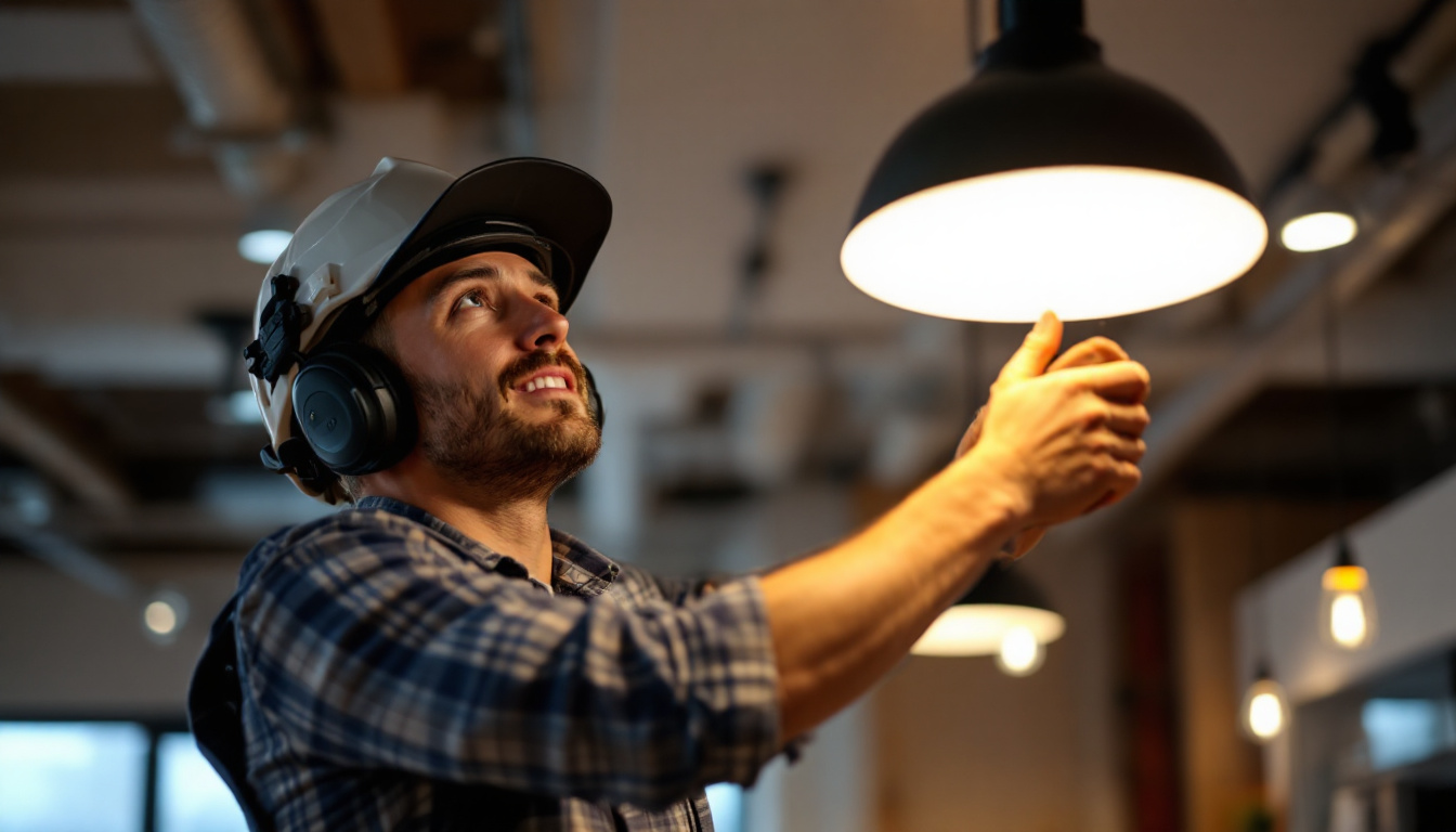A photograph of a skilled lighting contractor installing or adjusting a stylish commercial hanging light in a modern