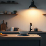 A photograph of a stylish industrial lamp installed in a modern kitchen setting