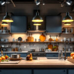 A photograph of a well-lit industrial kitchen showcasing various lighting fixtures