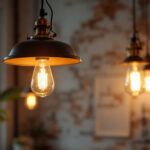 A photograph of a stylish vintage industrial pendant light hanging in a well-designed space