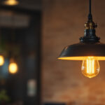 A photograph of a stylish industrial pendant light fixture hanging in a modern workspace