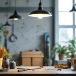 A photograph of a stylish industrial ceiling lamp in a well-lit workspace
