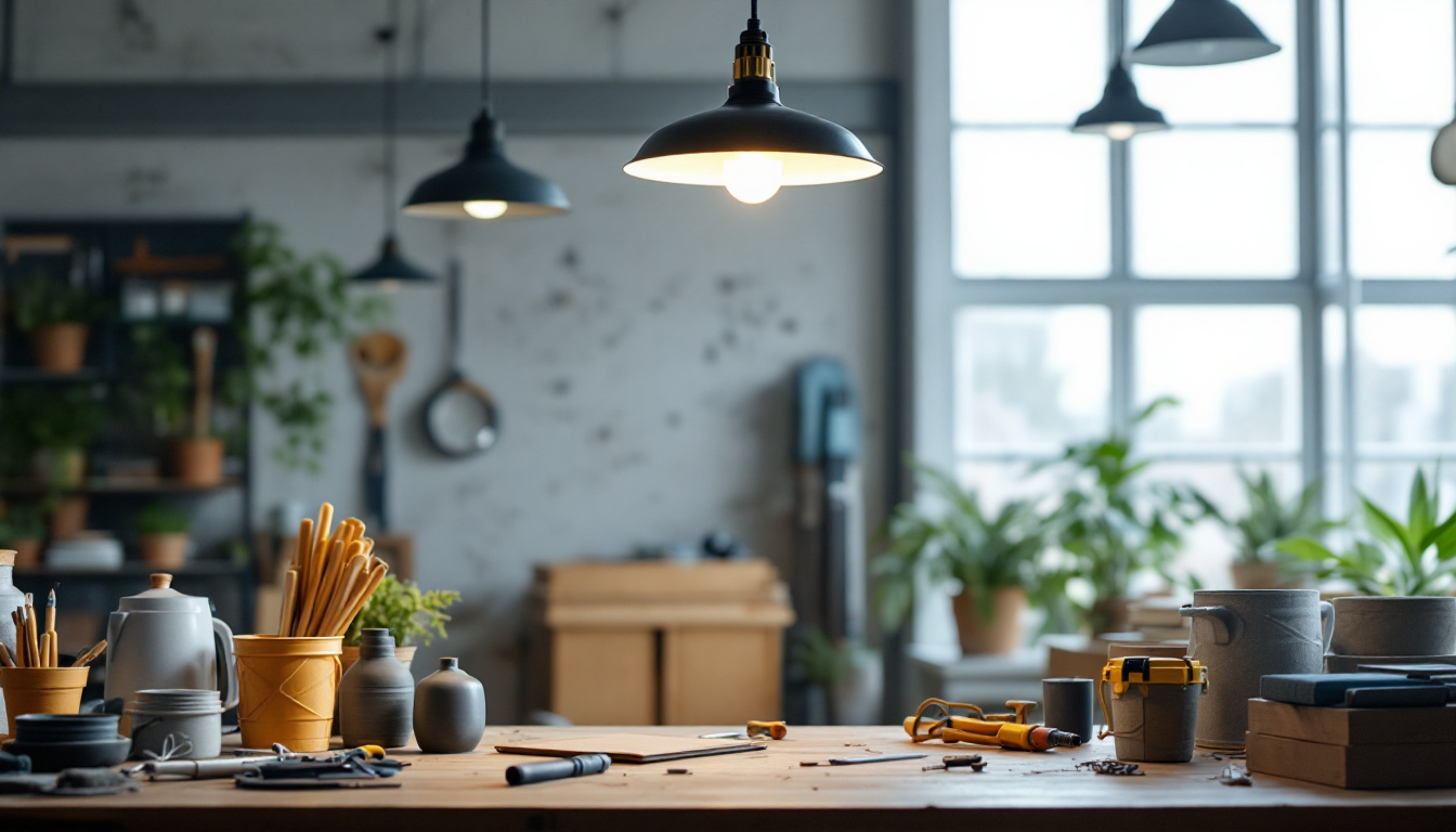 A photograph of a stylish industrial ceiling lamp in a well-lit workspace