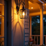 A photograph of a beautifully illuminated porch featuring a stylish light fixture