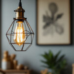 A photograph of an industrial-style light fixture in a stylish interior setting