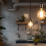 A photograph of a sleek stainless steel industrial pendant light elegantly hanging in a modern workspace