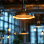 A photograph of a well-designed industrial ceiling light fixture in a commercial setting
