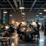 A photograph of a well-designed industrial workspace featuring modern lighting solutions that enhance the ambiance and functionality