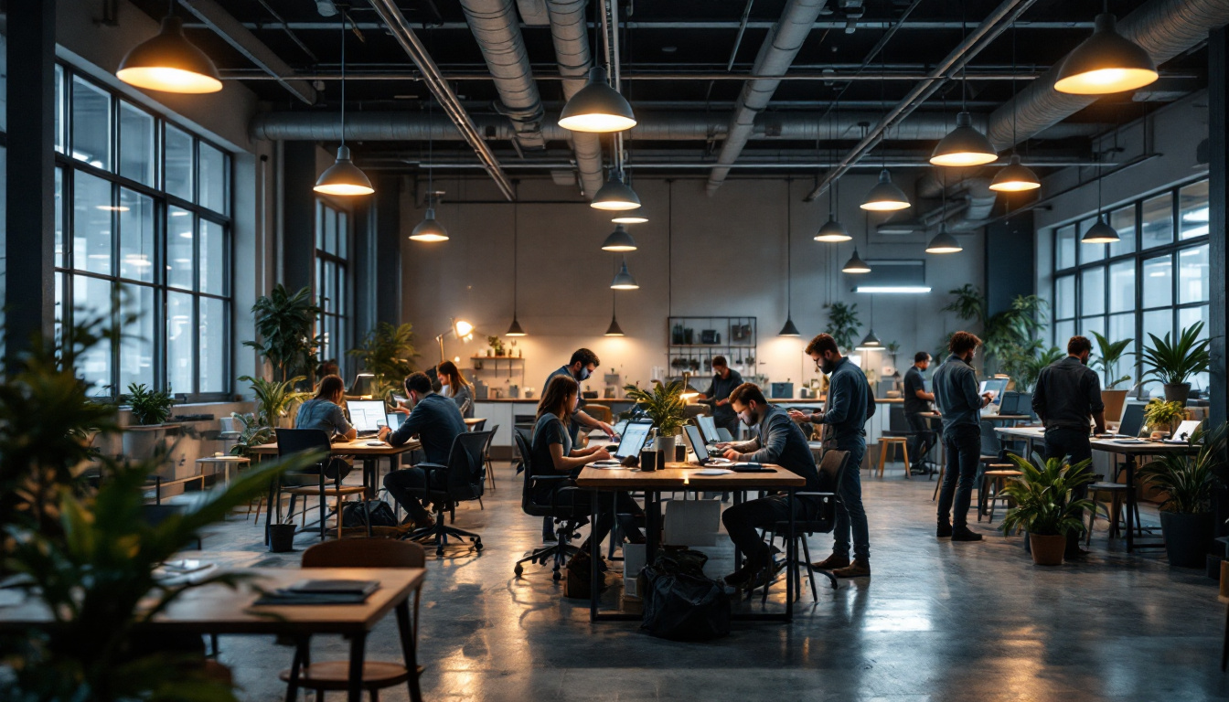 A photograph of a well-designed industrial workspace featuring modern lighting solutions that enhance the ambiance and functionality