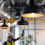 A photograph of a modern industrial space featuring sleek black light fixtures