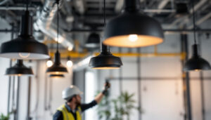 A photograph of a modern industrial space featuring sleek black light fixtures