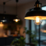 A photograph of a stylish black industrial pendant light hanging in a modern
