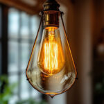 A photograph of a beautifully styled vintage industrial hanging light fixture in an elegant setting