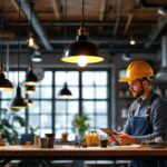 A photograph of a well-designed industrial pendant light installed in a modern workspace