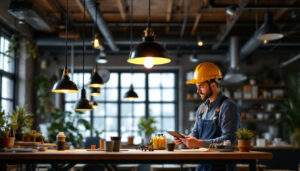 A photograph of a well-designed industrial pendant light installed in a modern workspace