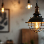 A photograph of a stylish industrial-style pendant lamp hanging in a modern interior setting