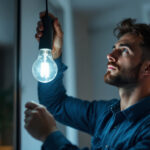 A photograph of a skilled lighting contractor installing or adjusting a modern light bulb in a stylish residential or commercial setting