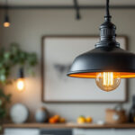 A photograph of a stylish modern industrial pendant light hanging in a well-designed interior space