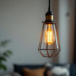 A photograph of a stylish vintage industrial pendant lamp hanging in a cozy