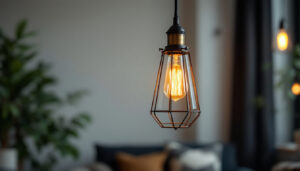 A photograph of a stylish vintage industrial pendant lamp hanging in a cozy