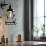 A photograph of a stylish industrial-looking light fixture in a modern interior setting