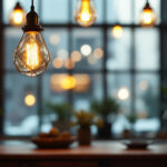 A photograph of a beautifully designed industrial-style hanging light fixture in a stylish interior setting