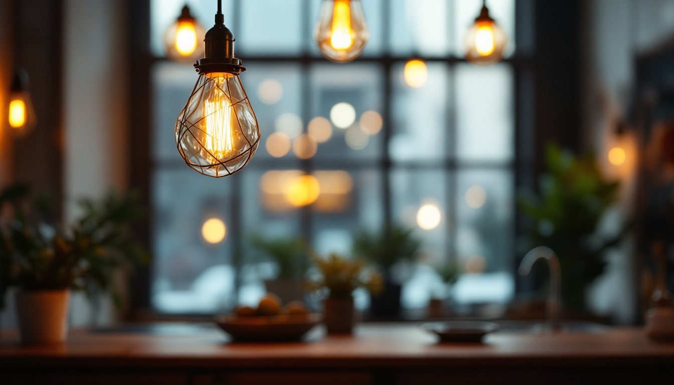 A photograph of a beautifully designed industrial-style hanging light fixture in a stylish interior setting
