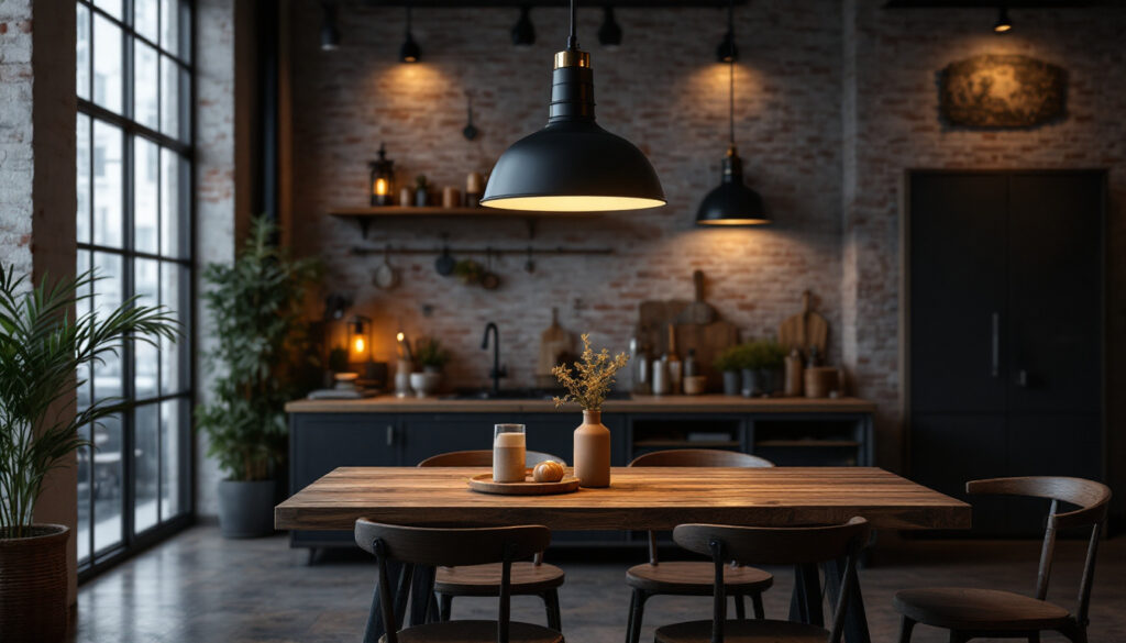 A photograph of a stylish industrial dining space featuring a striking pendant light as the focal point