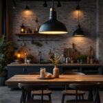 A photograph of a stylish industrial dining space featuring a striking pendant light as the focal point