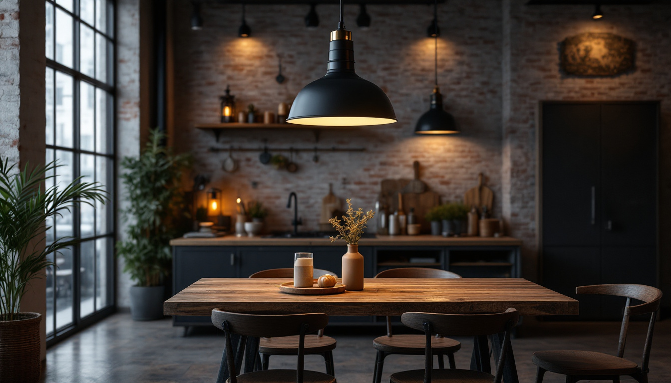A photograph of a stylish industrial dining space featuring a striking pendant light as the focal point
