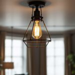 A photograph of a stylish industrial-style ceiling light fixture in a modern interior setting