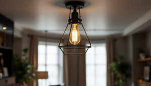 A photograph of a stylish industrial-style ceiling light fixture in a modern interior setting